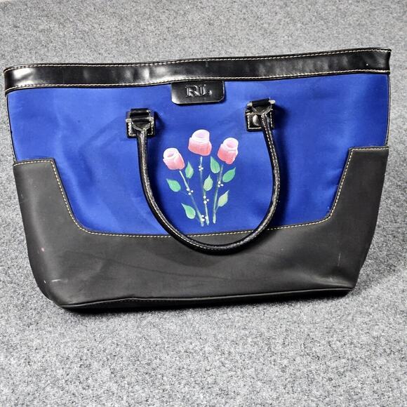 Vintage Ralph Lauren Tote Bag LL Pink Roses Blue Canvas Black Handle - Picture 1 of 6